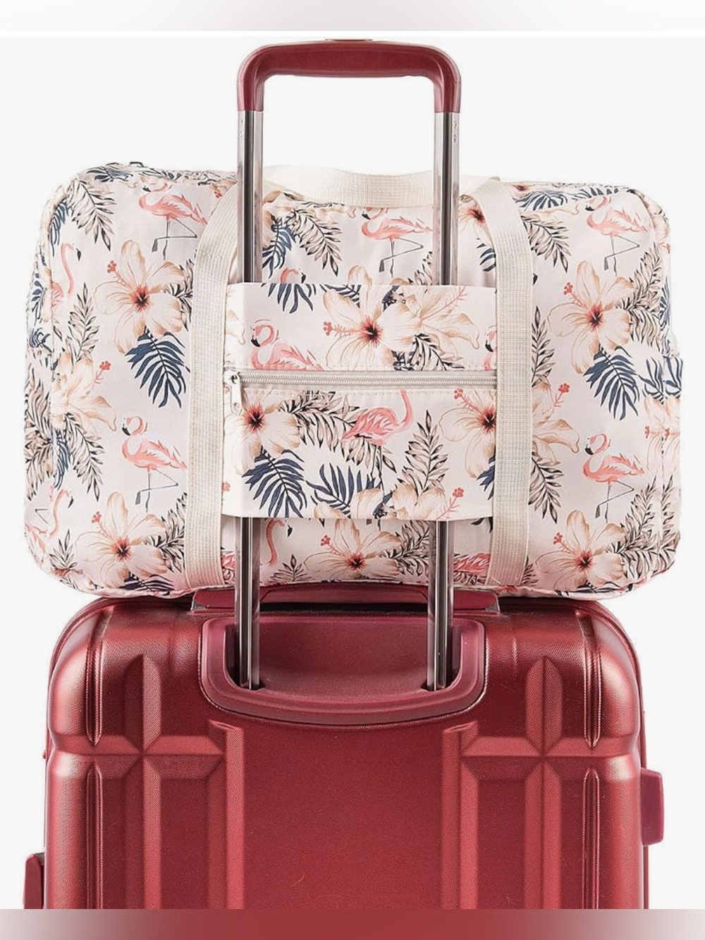 Narwey Beige Flamingo Foldable Travel Duffel Bag. Tropical flamingos & hibiscus. - Picture 3 of 15
